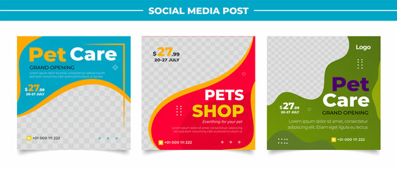 Pet shop social media post template design with photo collage.	