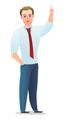 Successful businessman. Cheerful persons in standing pose. Man in business shirt and tie. Cartoon comic style flat design. Separate character. Illustration isolated on white background. Vector