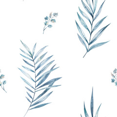 Christmas seamless pattern in engraving style. Vintage. Botanical background with coniferous plants, ferns and berries. illustration. Blue.