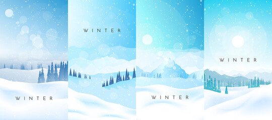 Winter Landscapes Set. Vector illustration. Mountain landscape. Travel concept of discovering. Hiking tourism. Adventure. Minimalist graphic posters. Polygonal flat design for coupons, vouchers, cards