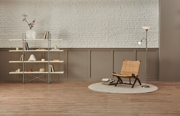 Naklejka premium White brick and classic brown wall background with bookshelf home accessory, chair carpet and lamp style, parquet floor.