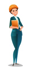 Woman engineer in suit and protective helmet. Office girl at construction site. Cheerful person. Standing pose. Single Character cartoon comic style. Illustration isolated white background. Vector