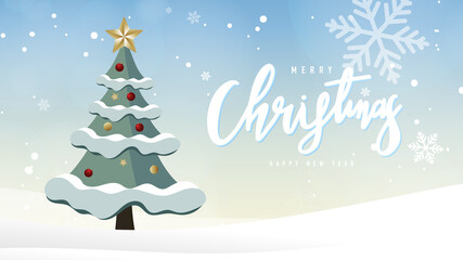 Christmas tree in Christmas holiday with bokeh and snow  ,for content online or banner for your website and template, Simple cartoon flat style. illustration Vector EPS 10