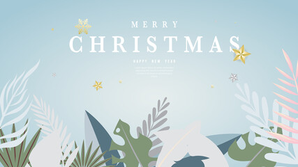 Merry Christmas and Happy New Year with leaf plant and star in winter seasons on blur background  , Flat Modern design , illustration Vector  EPS 10
