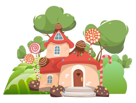 Fairy garden. Sweet caramel fairy house. Illustration in cartoon style flat design. Summer cute landscape. Picture for children isolated on white background.. Vector