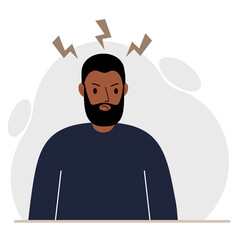 Furious angry man in a rage. An angry man with an aggressive expression on his face. Lightning flies out of anger.