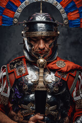 Imperial legionary with plumed helmet against dark background - obrazy, fototapety, plakaty