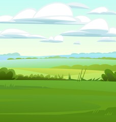 Obraz premium Big sky. Rural landscape. Flat style. Village nature illustration. Cute country hills. Vector