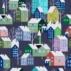 Seamless winter city landscape. Christmas scandinavian town, trees houses, seasone pattern New Year and Christmas holidays. Vector illustration minimalism style