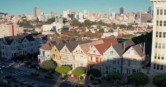 Aerial shot of the Painted Ladies in San Francisco at sunset