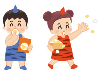 豆撒きをする鬼の衣装を着た子供　節分