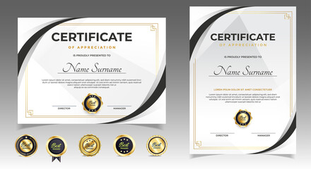 Black and gold certificate of appreciation border template with luxury badge and modern line and shapes. For award, business, and education needs. Diploma vector template - obrazy, fototapety, plakaty