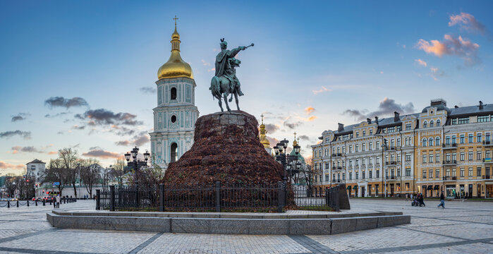 Monument to Bohdan Khmelnitsky with St. Sophia Cathedral in the background in Kiev, Ukraine