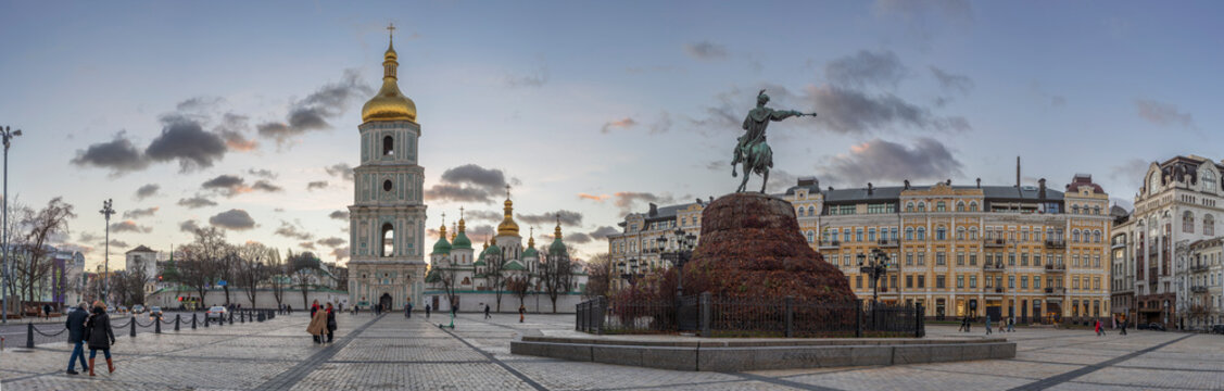 Monument to Bohdan Khmelnitsky with St. Sophia Cathedral in the background in Kiev, Ukraine