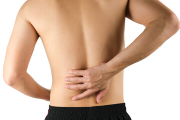 A man presses his hand against his back, has back pain and bone pain.