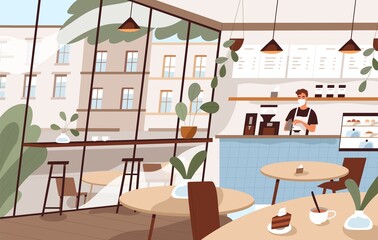 Fototapeta premium Cafe interior with barista at counter. Coffee shop with window, tables and chairs. Empty coffeehouse. Inside modern coffeeshop. Colored flat vector illustration of cozy city cafeteria with furniture