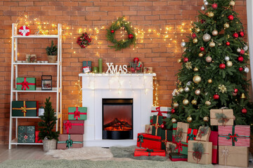 Beautiful living room with fireplace and fir tree with gifts on Christmas eve