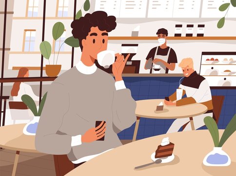 Person with coffee cup and cake in cafe. Young man drinking tea, sitting and relaxing at table in modern cafeteria. People resting in coffeeshop. Inside city coffeehouse. Flat vector illustration