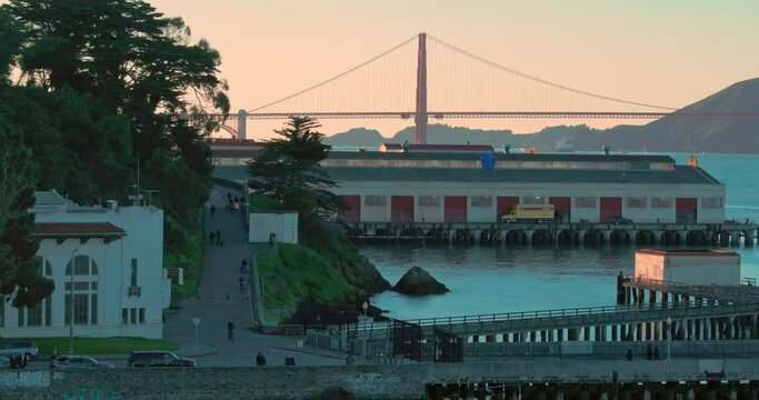 Aerial San Francisco Fishermans Wharf & golden gate bridge, san francisco