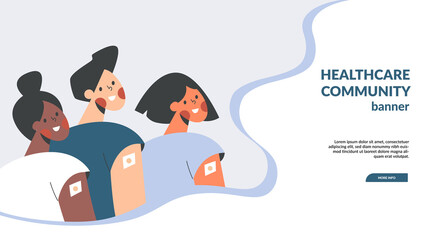 Group of diverse children after vaccine injection flat vector illustration banner. Young adult or teens vaccination. College or school immunization campaign template. Child vaccine for health immunity
