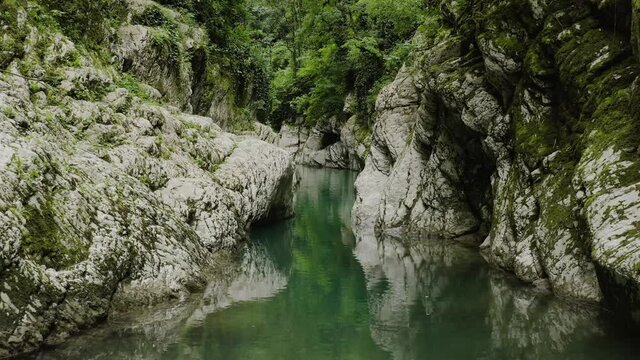 Caucasus. Khosta river. Flight through the Devil's gate canyon. The area of yew-boxwood grove.
