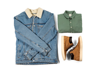 Stylish denim jacket, shirt and shoes on white background