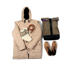 Warm male jacket, belt, knitted socks, backpack and shoes on white background © Pixel-Shot