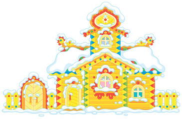 Traditional country wooden house with carved decorations covered with snow on Christmas, vector cartoon illustration isolated on a white background