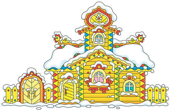 Traditional country wooden house with carved decorations covered with snow on Christmas, vector cartoon illustration isolated on a white background © Alexey Bannykh