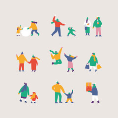 Happy people in warm clothes. Winter outdoor activities - skating, skiing, throwing snowballs, building snowman. Flat vector set