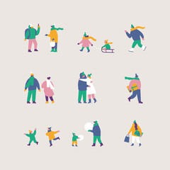 Happy people in warm clothes. Winter outdoor activities - skating, skiing, throwing snowballs, building snowman. Flat vector set