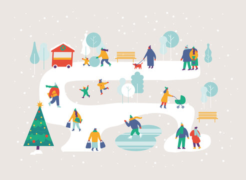 Happy people in warm clothes in snowy winter park. Background people. Winter outdoor activities - skating, skiing, throwing snowballs, building snowman. Flat  Vector people set. Files fully editable. 