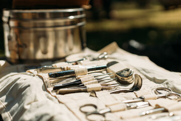 Old Medical And Surgical Instruments. Many Surgical Instruments For Surgery. Old Different Metal...