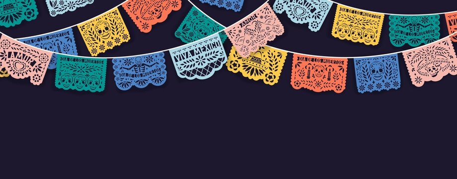 Dia de los Muertos background, means Day of Dead and Death in Mexico. Banner design with Mexican ornament, papel picado, perforated laces with skulls and bones. Colored flat vector illustration
