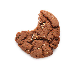 Bitten chocolate cookie with sesame on white background