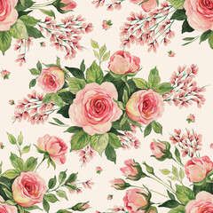 Abstract beautiful seamless print of painted flowers bouquets of roses and herbs. Beautiful print for decoration of textiles and design. Flower background. Art drawing for surface. Tenderness decor.