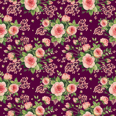 Abstract beautiful seamless print of painted flowers bouquets of roses and herbs. Beautiful print for decoration of textiles and design. Flower background. Art drawing for surface. Tenderness decor.
