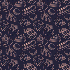 Seamless pattern with cakes and macaroons. Doodle desserts on dark.. background. Vector illustration.