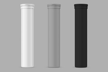 Round glossy aluminum or plastic  tube with cap for effervescent or carbon tablets, pills, vitamins isolated on a grey. Photo-realistic packaging mockup template with sample design. 3d rendering.