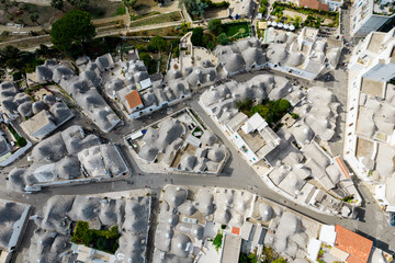 Aerial view of alberobello trullo in itria valley, apulia, italy
