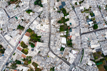 Aerial view of alberobello trullo in itria valley, apulia, italy
