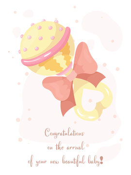 Newborn baby birthday card. Congratulations on the birth of a child. Bright toy rattle. Vector illustration isolated on white background.