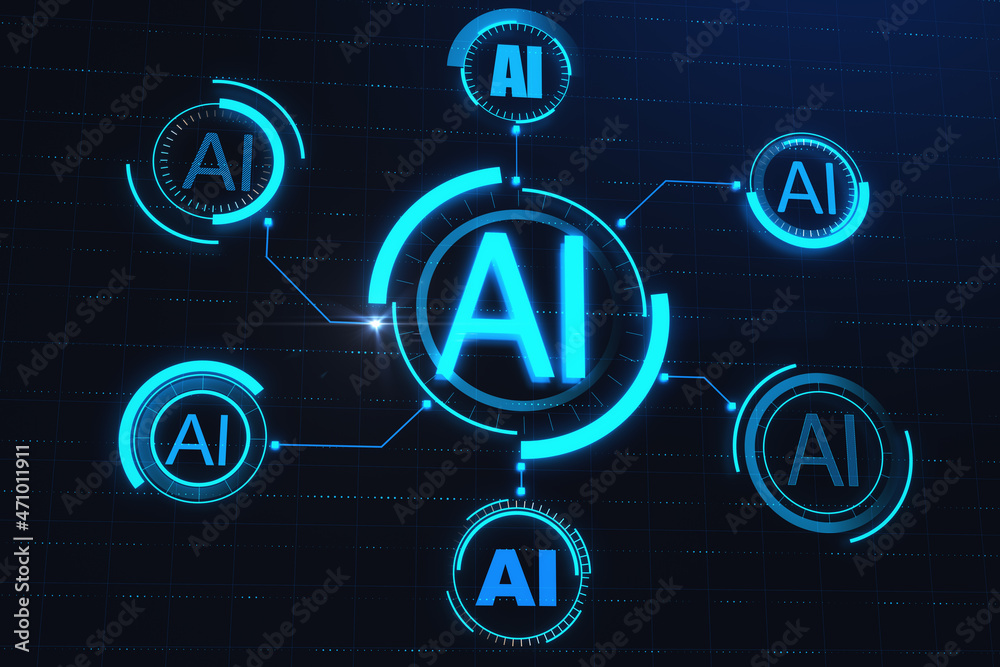 Poster creative ai hologram on blue background. artificial intelligence, ai, technology and communication c