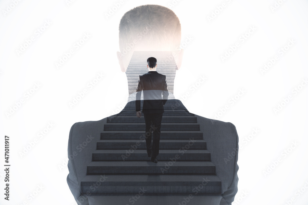 Poster abstract image of attractive european man walking on abstract stairs on white background with mock u