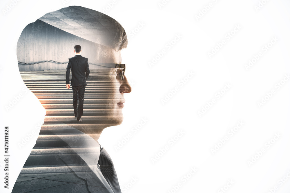Poster creative image of attractive european man walking on abstract stairs on white background with mock u