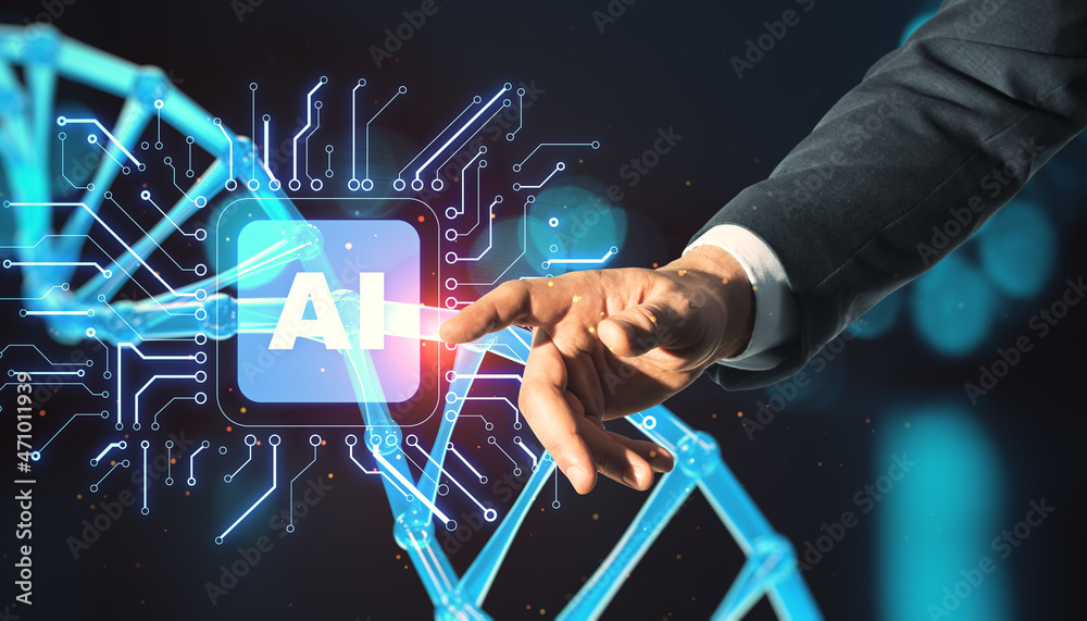 Aufkleber businessman hand pointing at abstract glowing circuit ai hologram with dna on blurry background. ai 