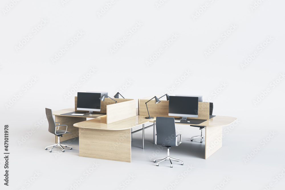 Poster abstract coworking office interior with wooden furniture, computer monitors and empty mock up place 