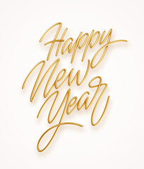 Happy New Year golden realistic 3d inscription isolated on white background. Lettering for New Year and Christmas greetings. Vector illustration