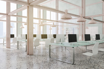 Bright coworking loft office interior with city view, furniture, equipment, marble flooring and daylight. 3D Rendering.