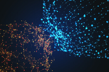Creative polygonal spheres on blue background. Futuristic network and technology concept. 3D Rendering.
